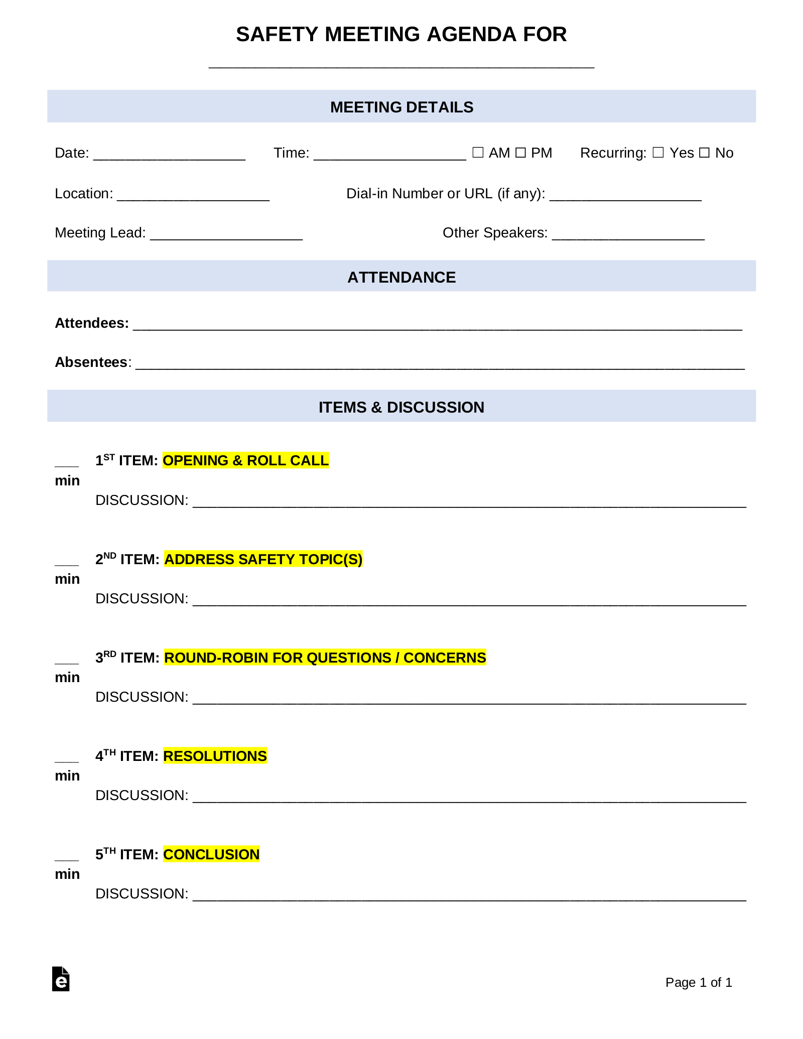 Free Printable Safety Meeting Template