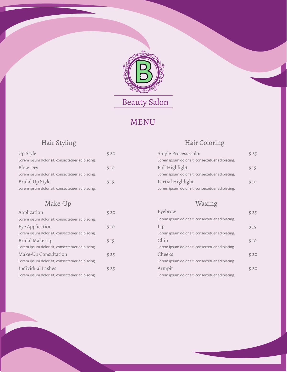 Free Printable Salon Menu Templates