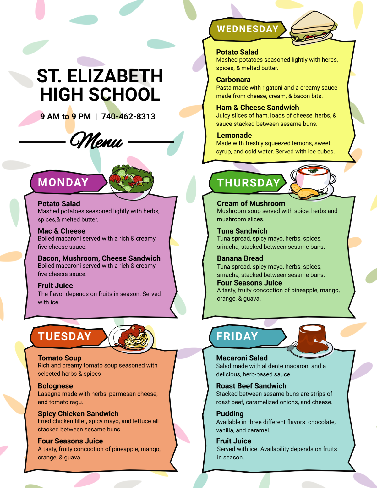 Free Printable School Menu Templates