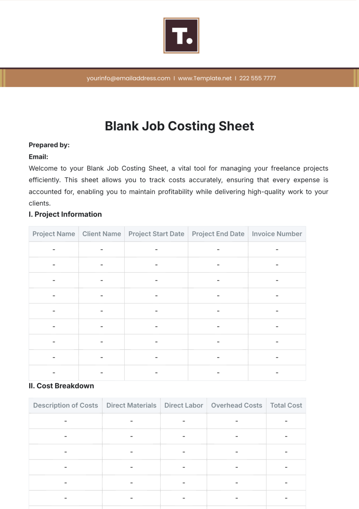 Free Sheet Cost Templates Editable And Printable