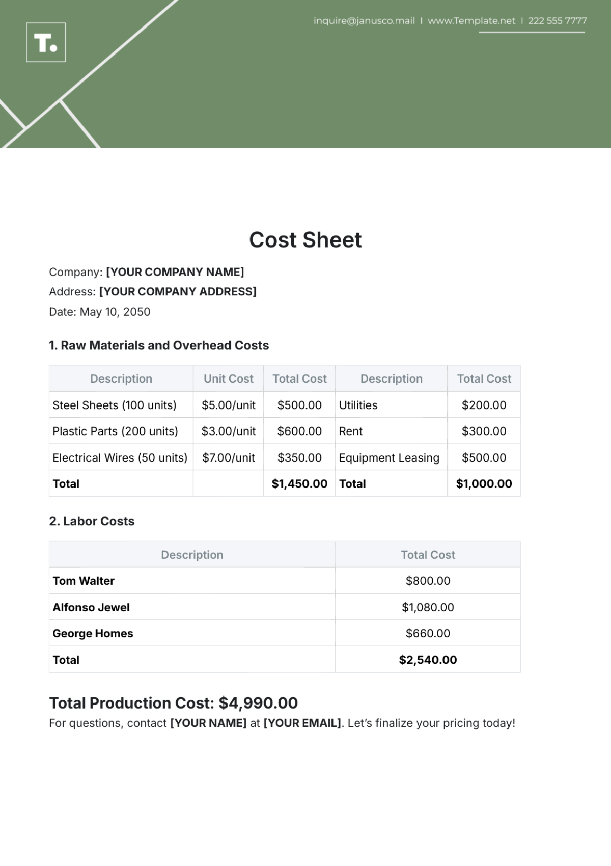 Free Sheet Cost Templates Editable And Printable