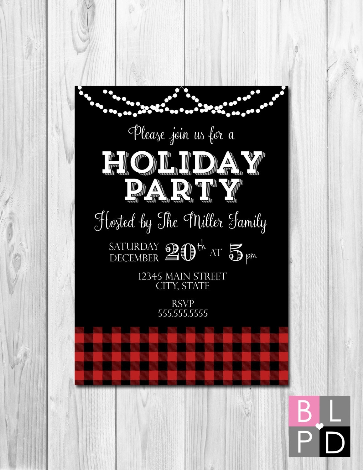 Holiday Party Invitation Buffalo Plaid And String Lights Red Black White DIY Printable Holiday Party Invitation Buffalo Plaid And String Lights Red Black White DIY Printable
