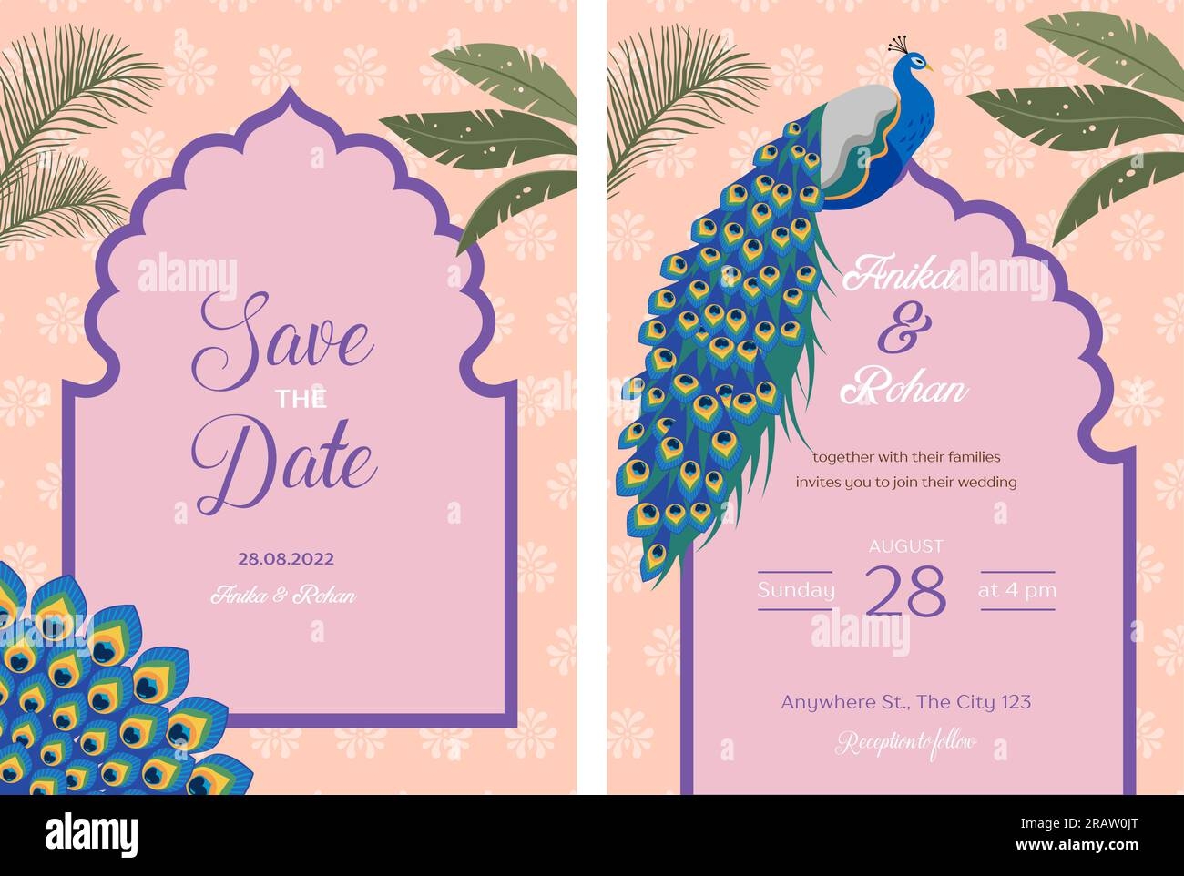 Indian Wedding Invitation And Save The Date Templates Set Exotic Wedding Theme With Palms And Peacock Stock Vector Image U0026 Art Alamy