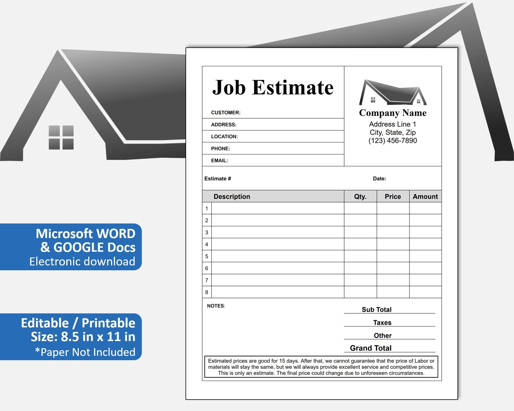 Job Estimate Template Printable Job Estimate Template PDF Editable WORD Construction Bid Painting Electrical Tile Home Remodeling Etsy