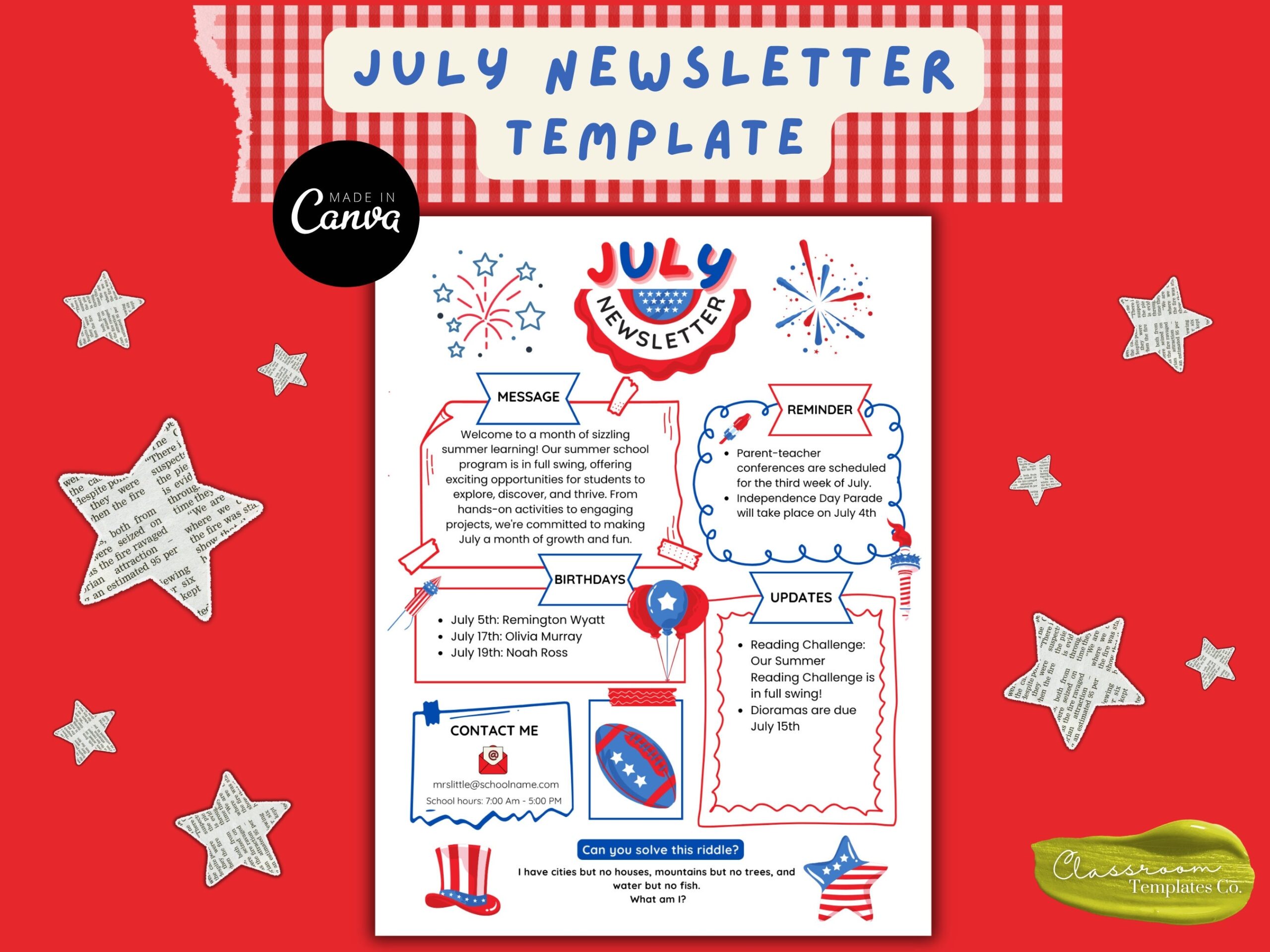 July Newsletter Template Editable Newsletter Monthly Newsletter School Newsletter Classroom Newsletter Canva Template PTO Newsletter Etsy