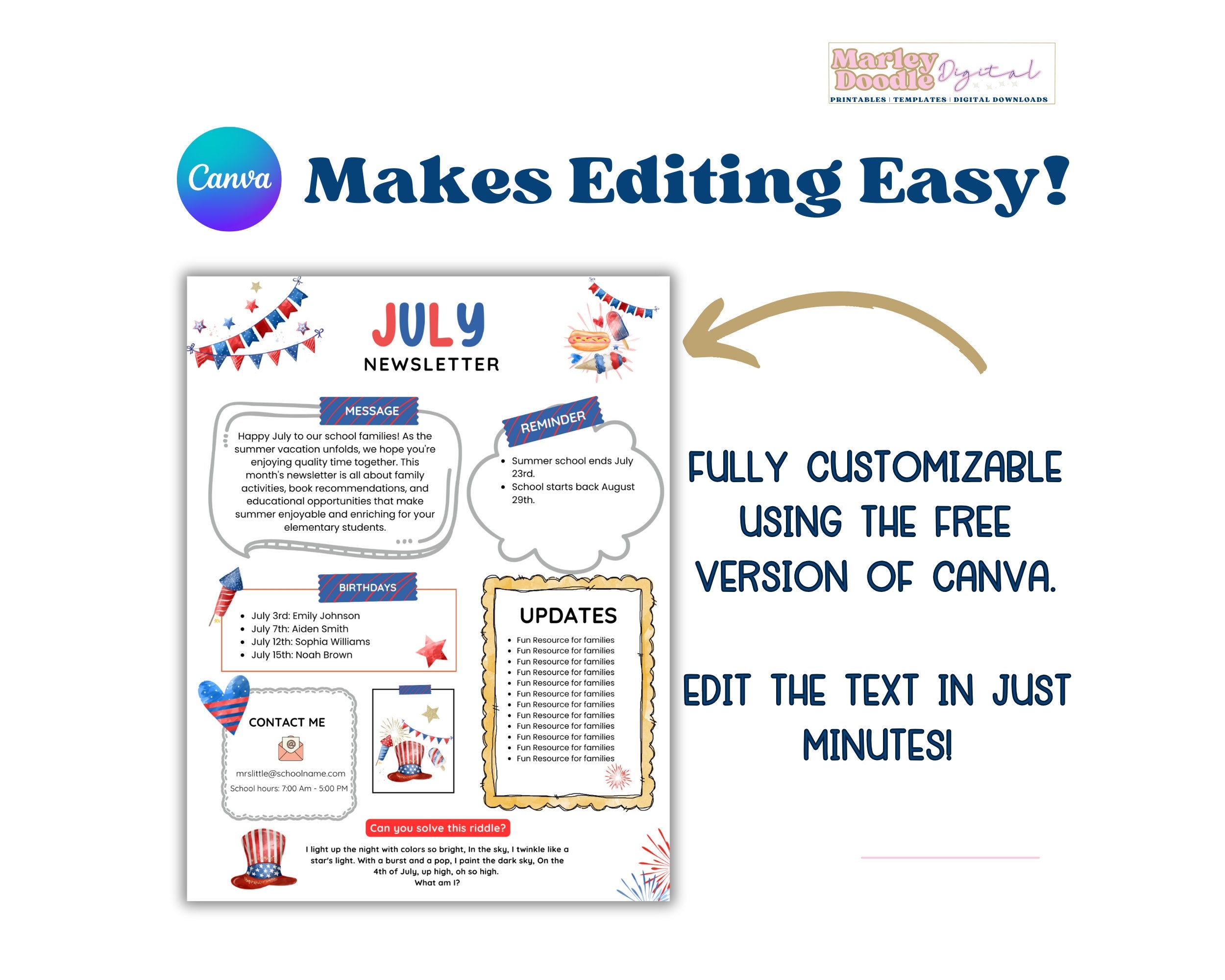 July Newsletter Template Summer Newsletter Teacher Template PTO Newsletter Monthly Newsletter Template Etsy