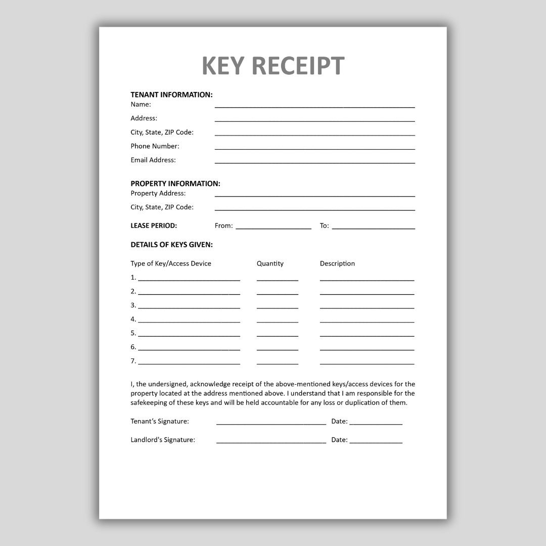 Landlord Key Receipt To Tenant Tenant Key Receipt Landlord Pack Editable MS Word Template Printable Instant Download Fillable PDF Etsy UK