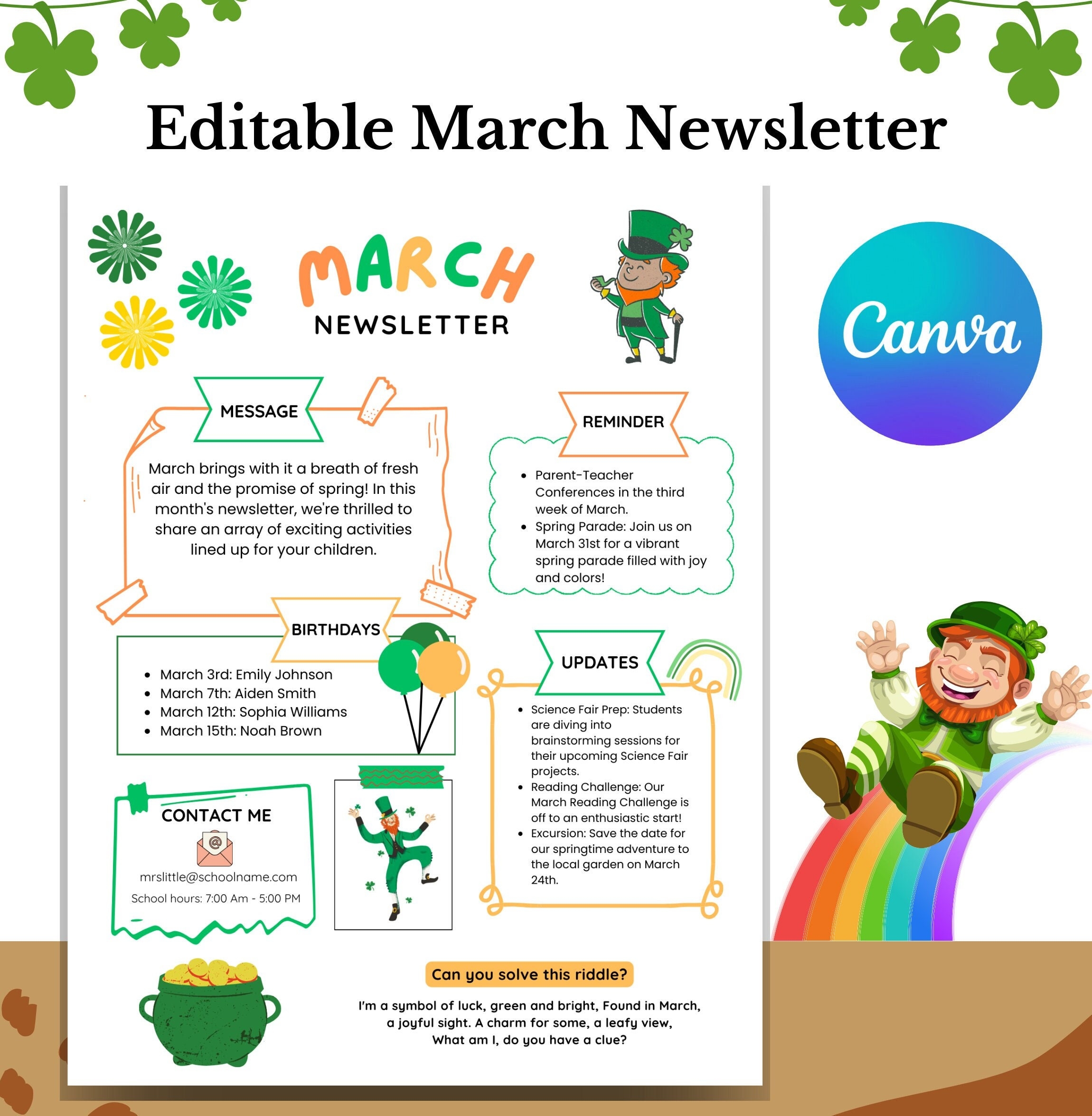 March Newsletter Template Editable Newsletter Monthly Newsletter 