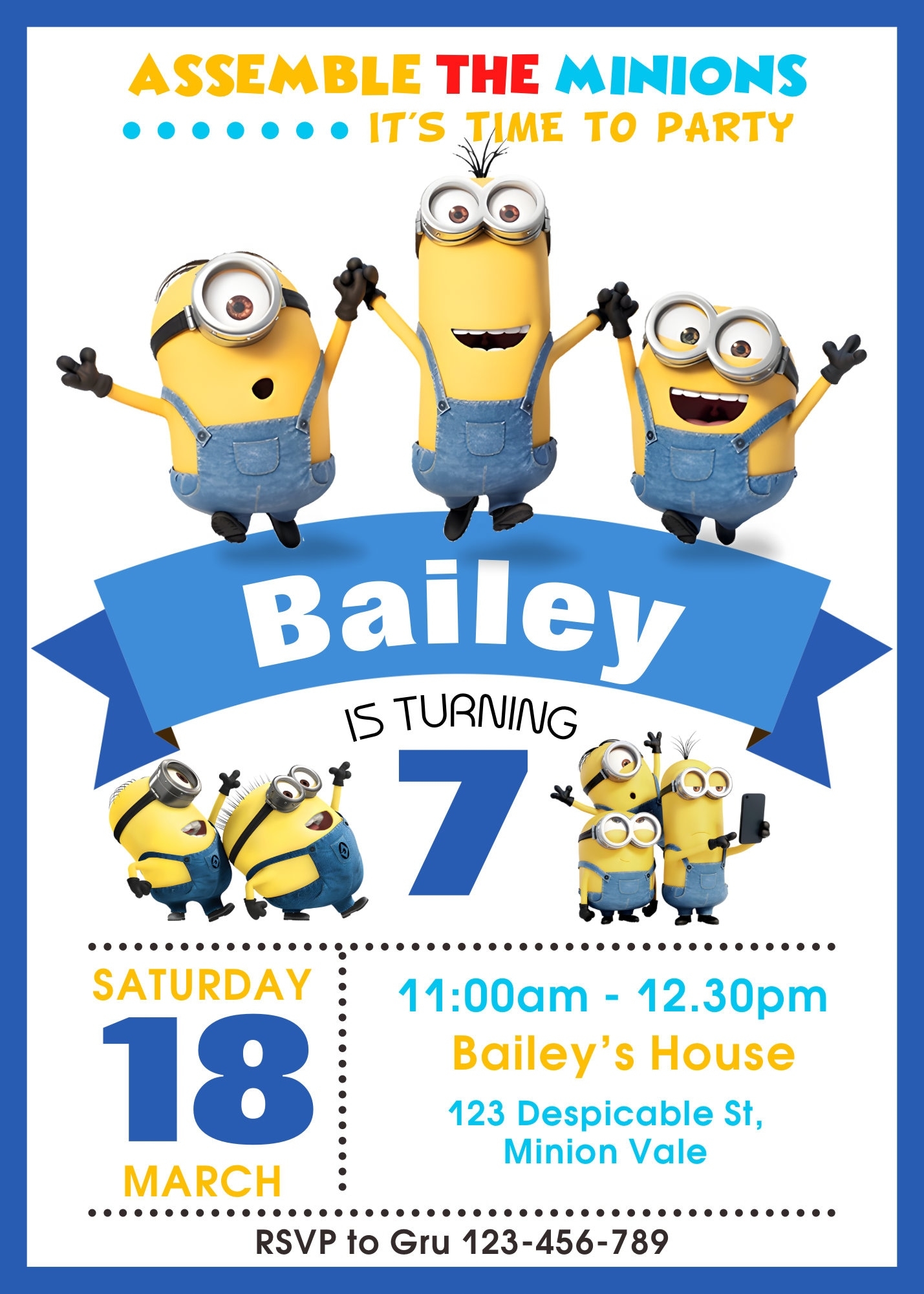 Minion Invitation Printable And Downloadable Minions Birthday Party Invitation Blue Yellow Boys Girls