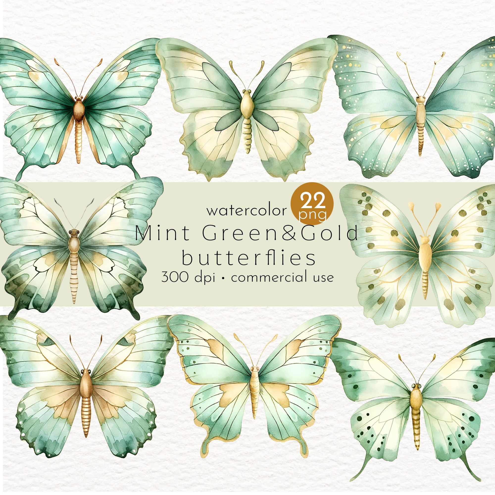 Mint Green And Gold Butterflies Clipart Watercolor Insects Painted Butterflies Organic Butterfly Instant Download Commercial Use Etsy