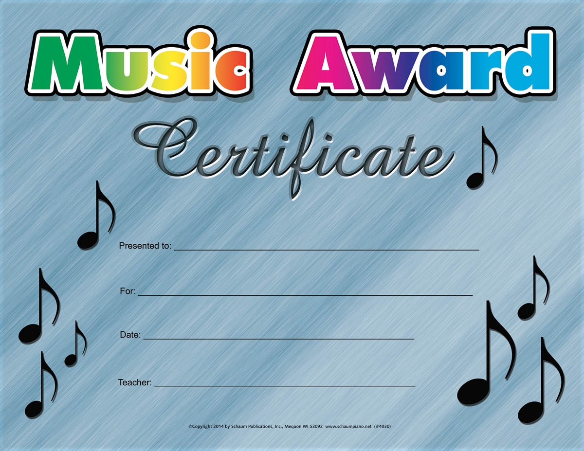 Music Award Certificate Willis Music Store