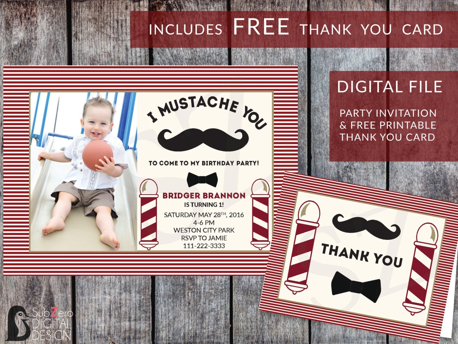 Mustache Birthday Invitation And FREE Matching Printable Mustache Thank You Card Customized Vintage Barbershop Invite 5x7 Digital JPG File Mustache Birthday Invitation And FREE Matching Printable Mustache Thank You Card Customized Vintage Barbershop Invite 5x7 Digital JPG File