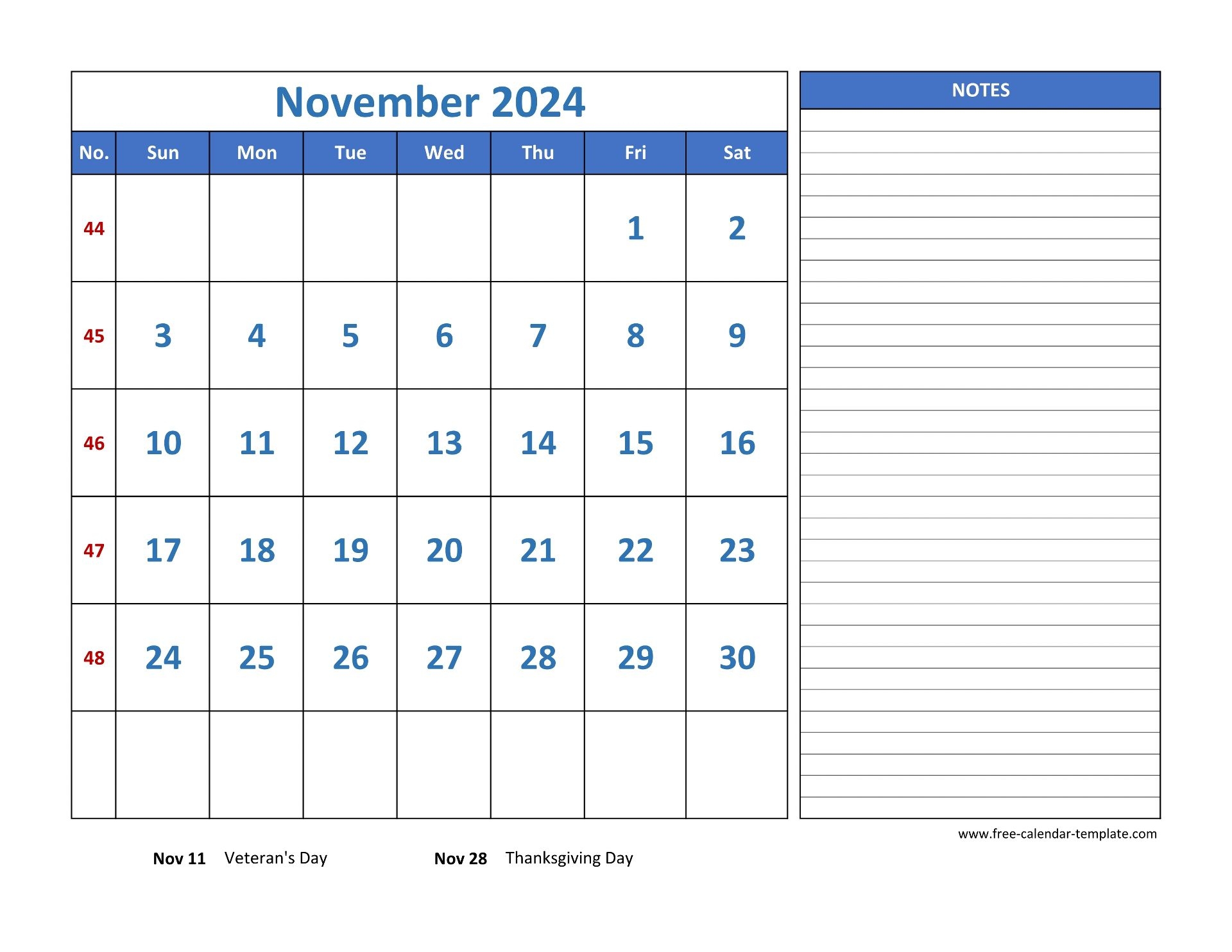 November Calendar 2024 Grid Lines For Holidays And Notes horizontal Free calendar template November Calendar 2024 Grid Lines For Holidays And Notes horizontal Free calendar template