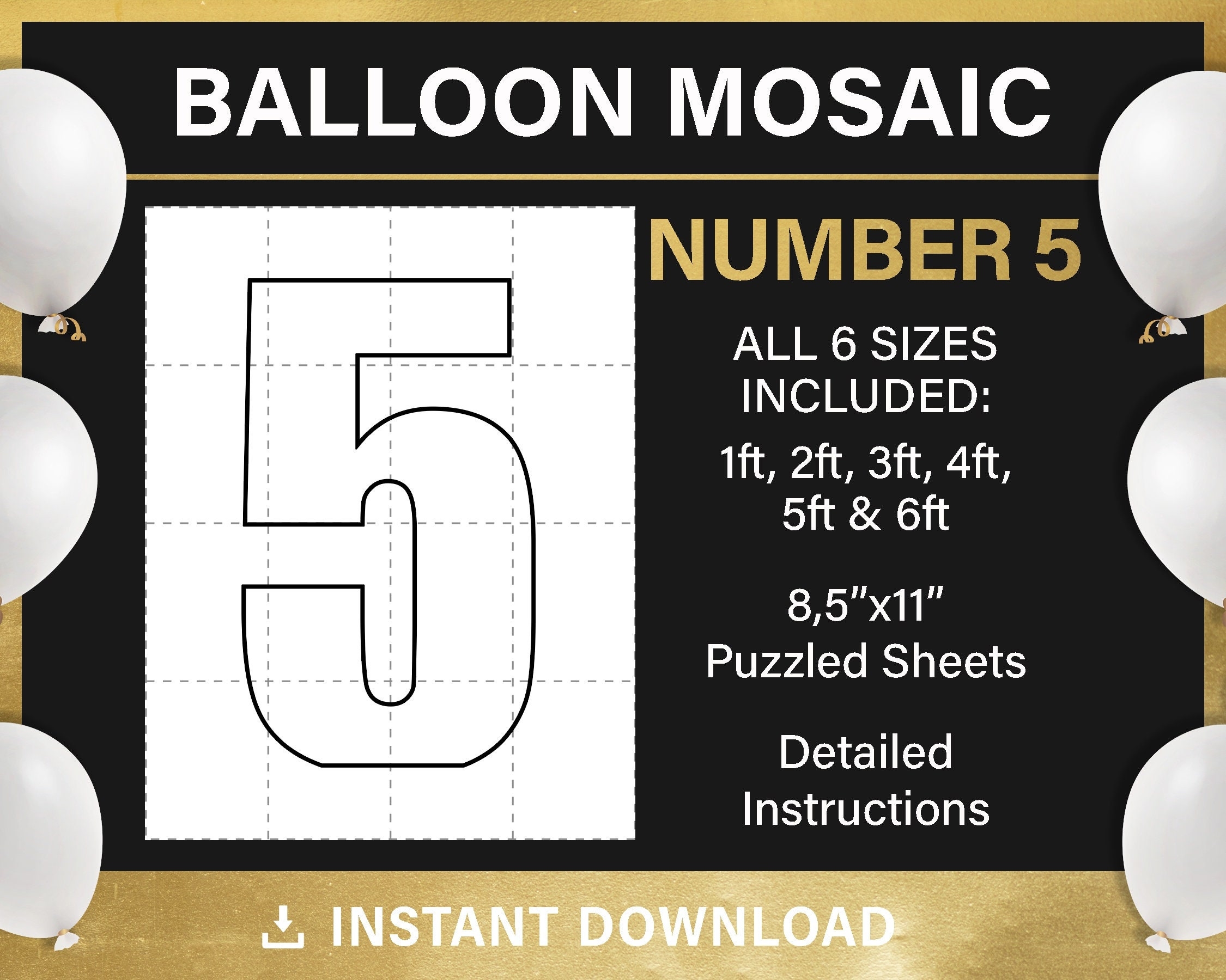 Number 5 Mosaic From Balloons Tall Five Number Template Mosaic Numbers 1ft 2ft 3ft 4ft 5ft 6ft All Sizes PDF Instant Download Etsy