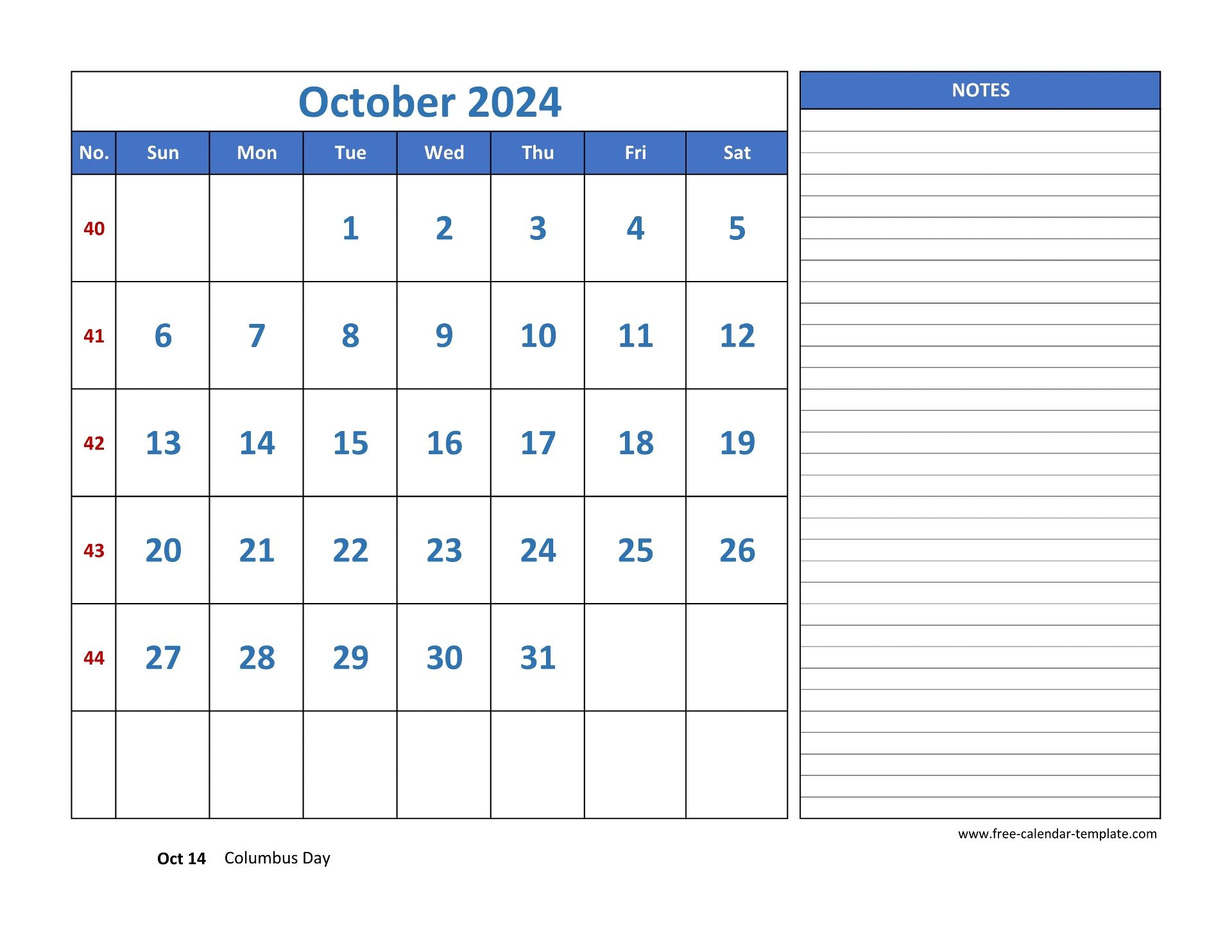 October Calendar 2024 Grid Lines For Holidays And Notes horizontal Free Calendar template October Calendar 2024 Grid Lines For Holidays And Notes horizontal Free Calendar template