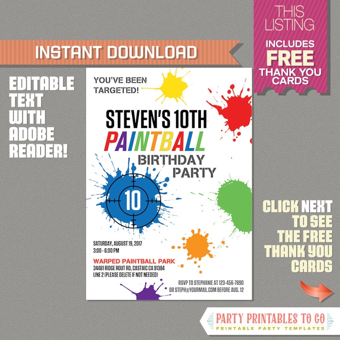 Paintball Invitation With FREE Thank You Card Paintball Party Instant Download Edit And Print At Home With Adobe Reader Etsy