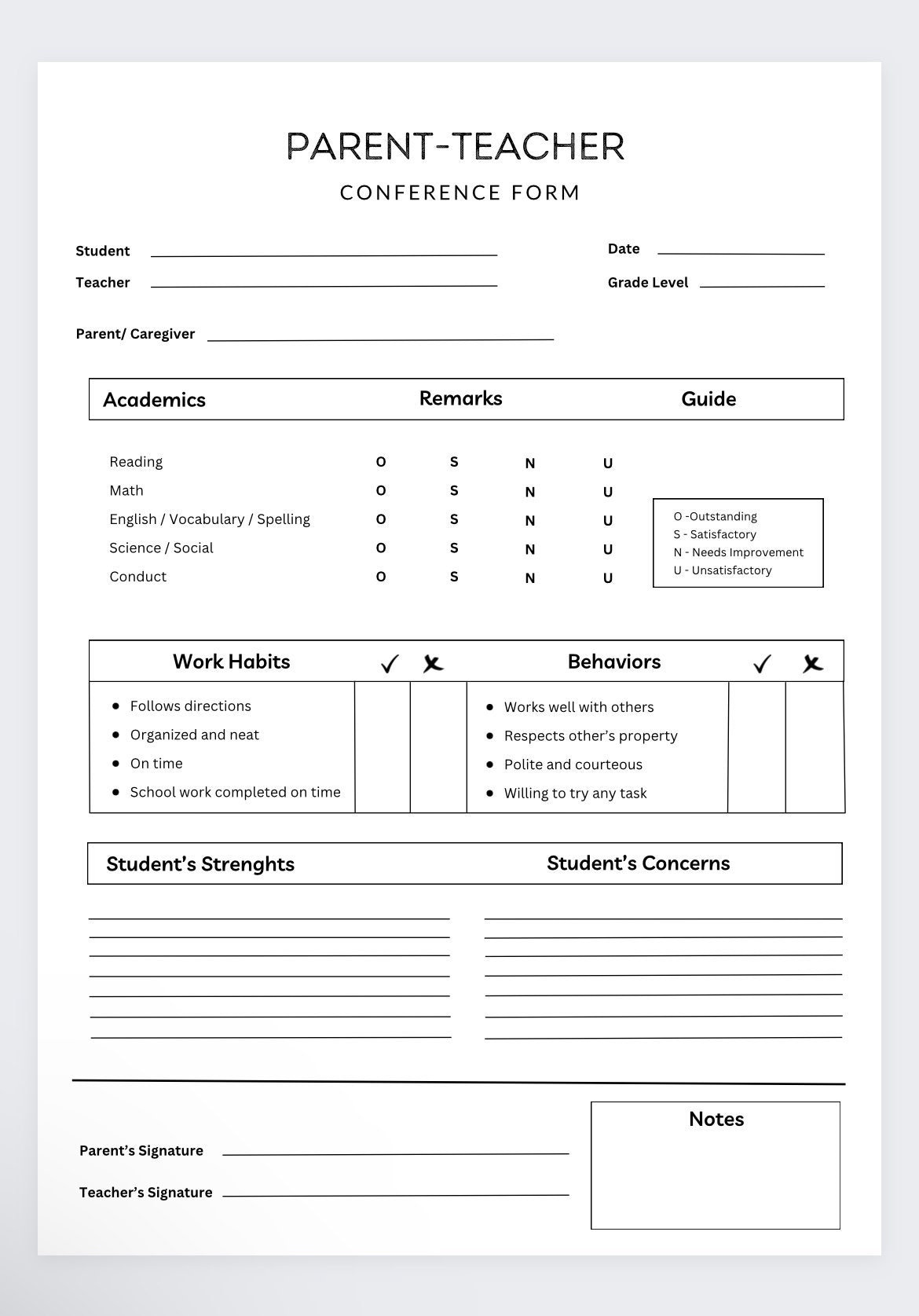 Free Printable Parent Teacher Conference Template