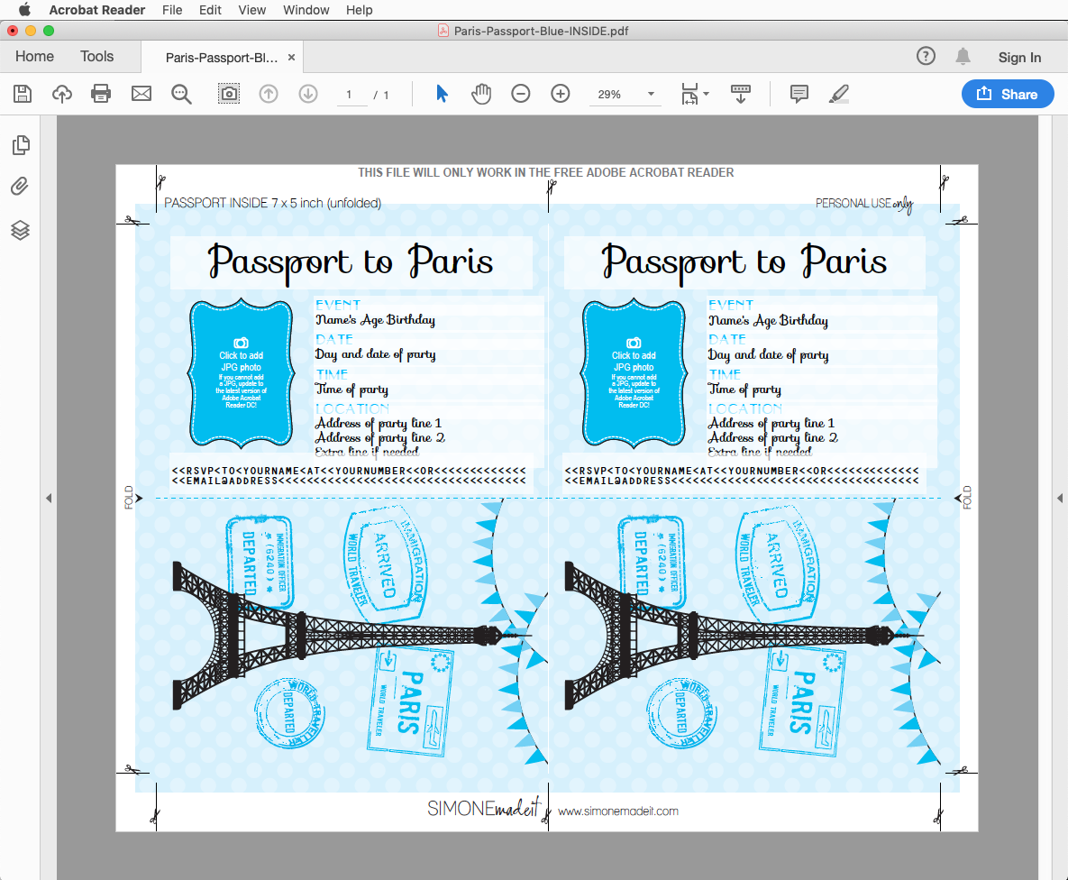 Paris Passport Invitations Template With Photo Blue
