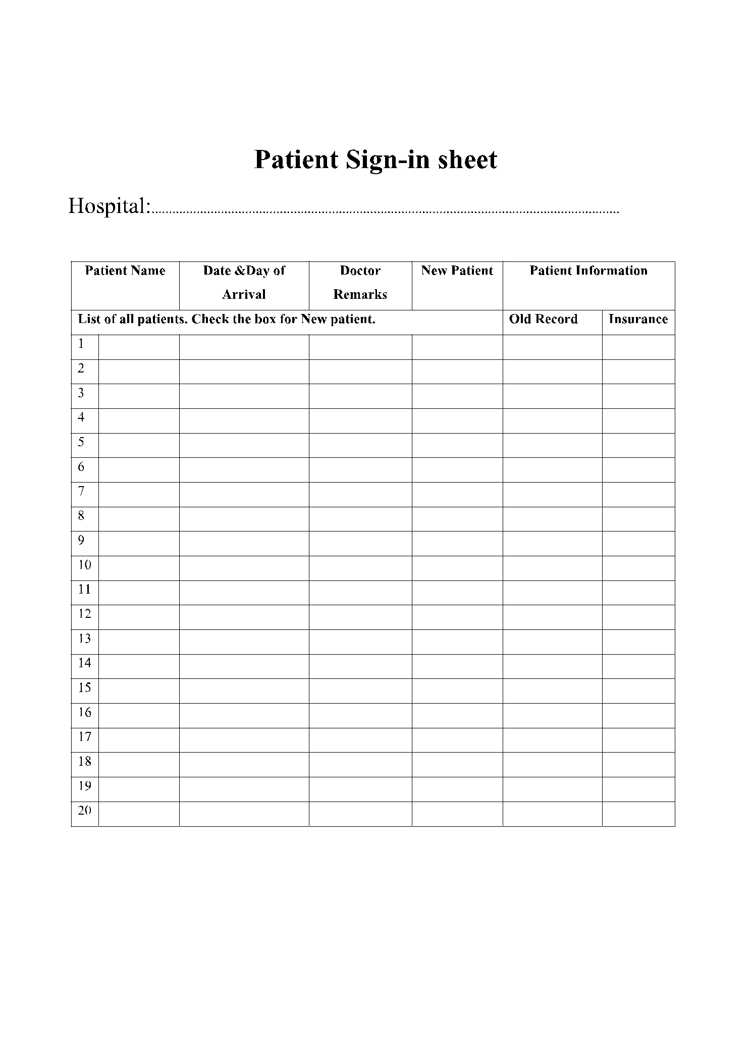 Patient Sign in Sheet Template CocoSign Free Fillable Forms