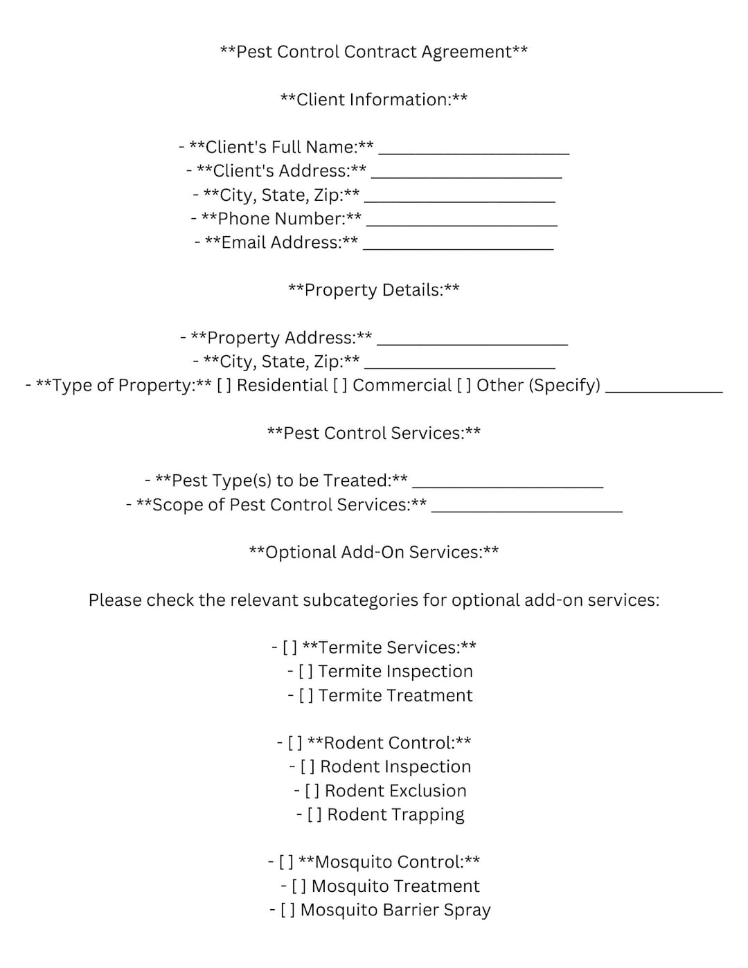 Pest Control Contract Agreement Customizable Template Etsy