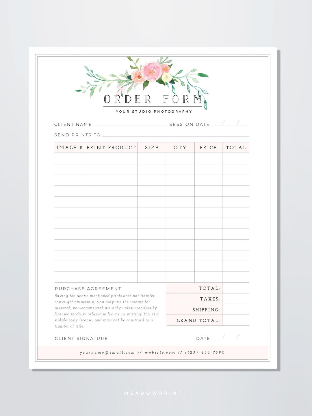 Photography Order Form Template Photography Print Order Form Printable Photoshop Template Photo Marketing Template PSD INSTANT DOWNLOAD Etsy