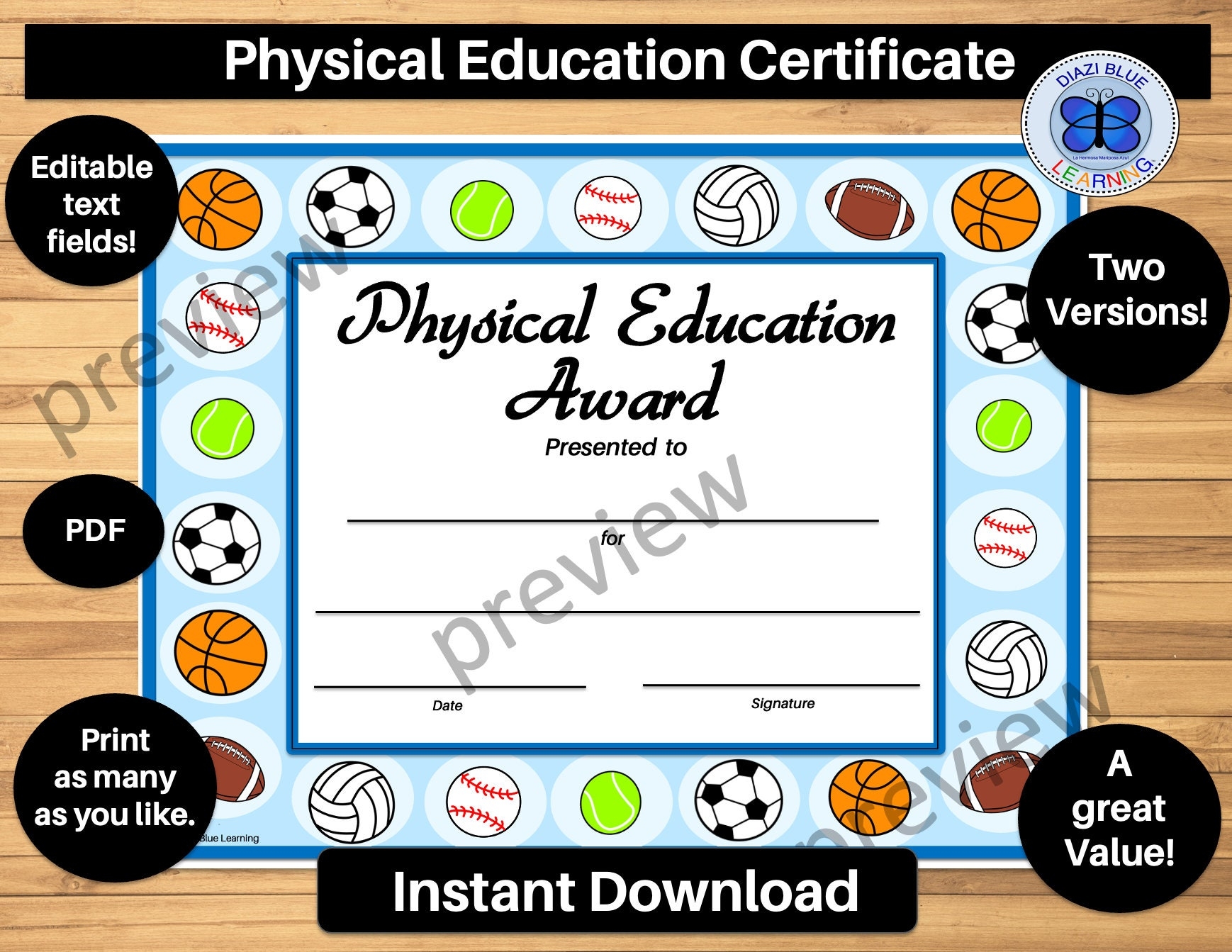 Physical Education Certificate PE Certificate Editable PE 