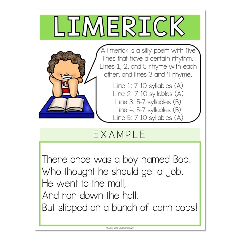 Poetry Poem Types Anchor Chart And Example Limerick Lucky Little Learners