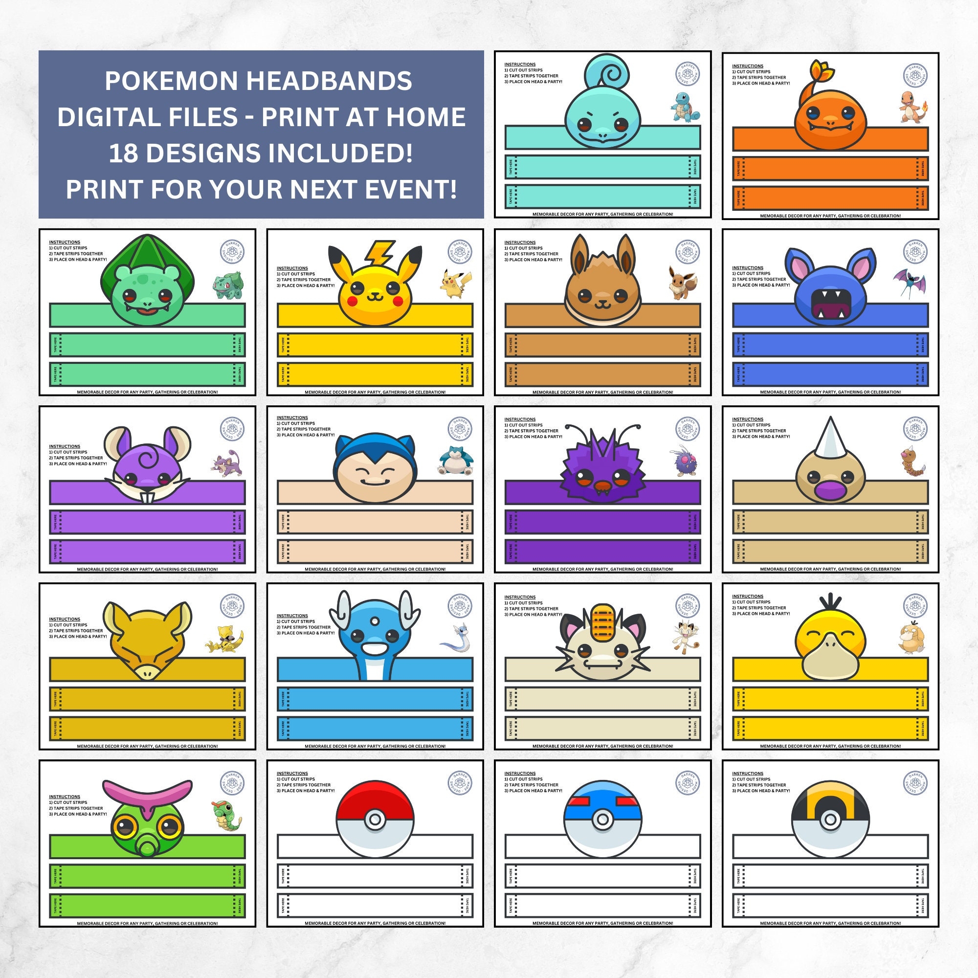 Pokemon Birthday Headbands Pokemon Ear Head Piece Pokemon Party Hat Pikachu Ears Pokemon Birthday Party Decor 18 Designs Included Etsy