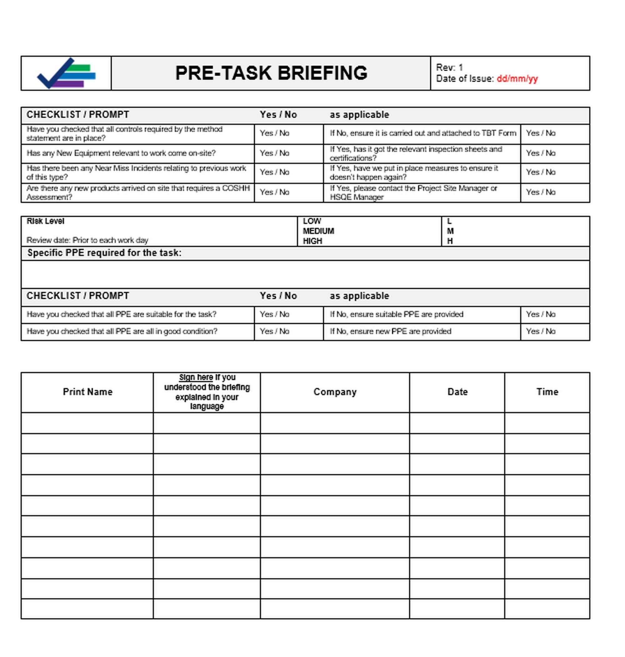 Free Printable Pre-Task Plan Template