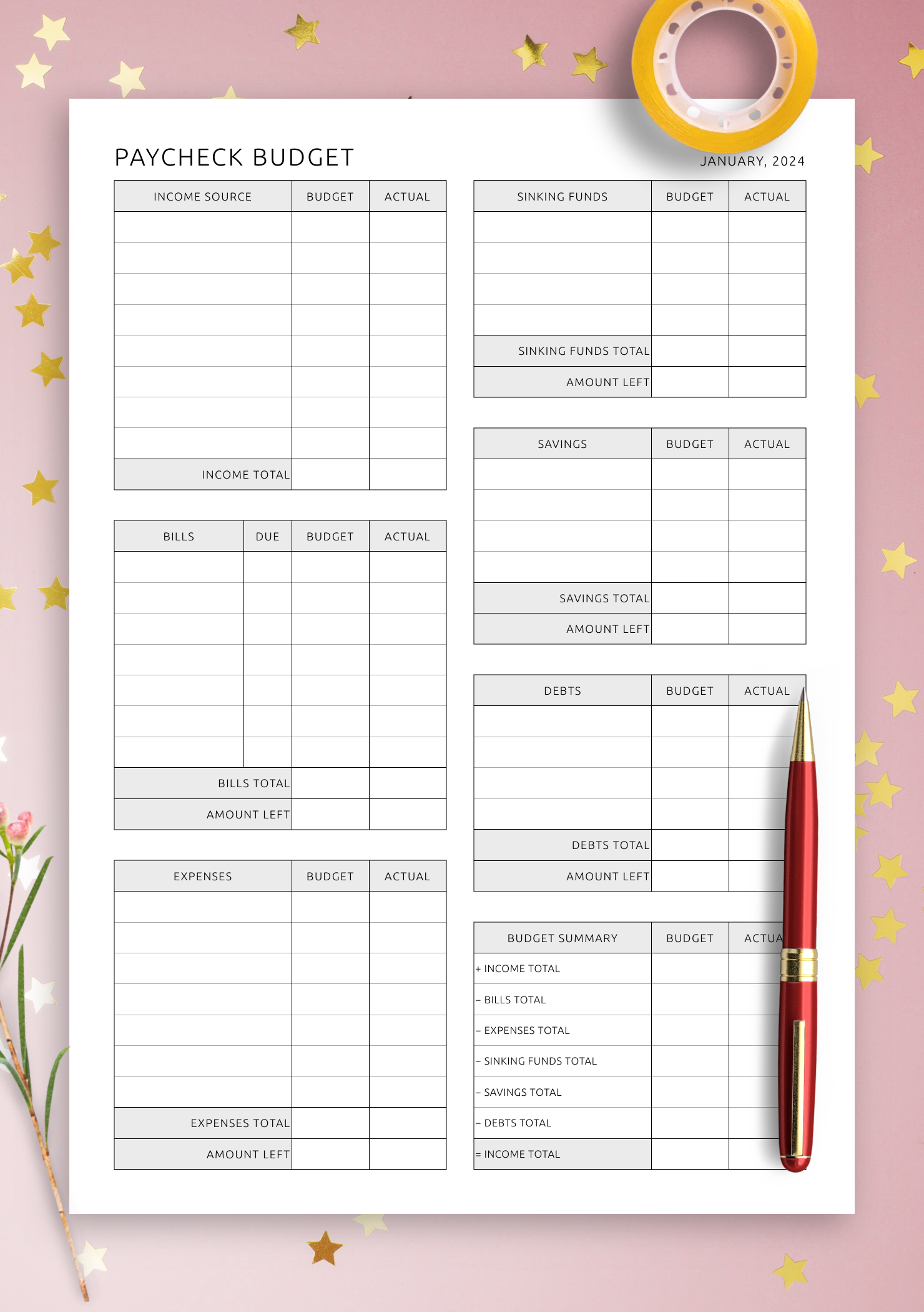 Free Printable Pdf Paycheck Budget Template