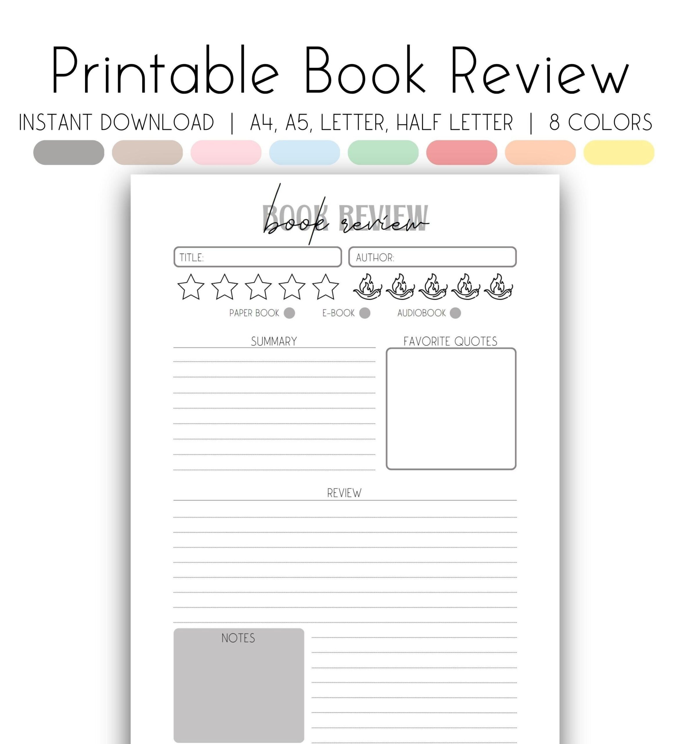 Printable Book Review Template Reading Log Book Journal A4 A5 Printable Book Review Template Reading Log Book Journal A4 A5
