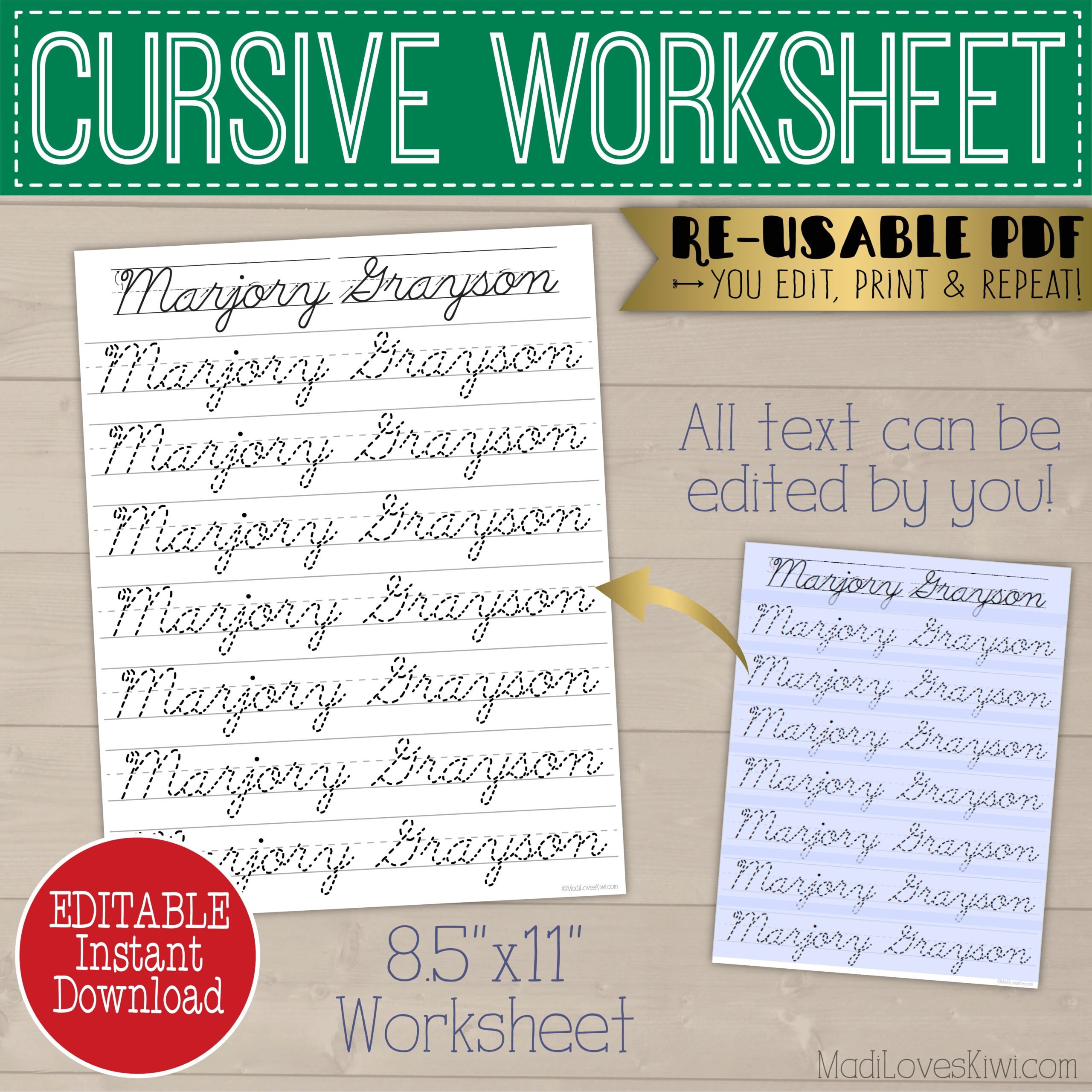 Printable Cursive Name Writing Worksheet Editable Script 