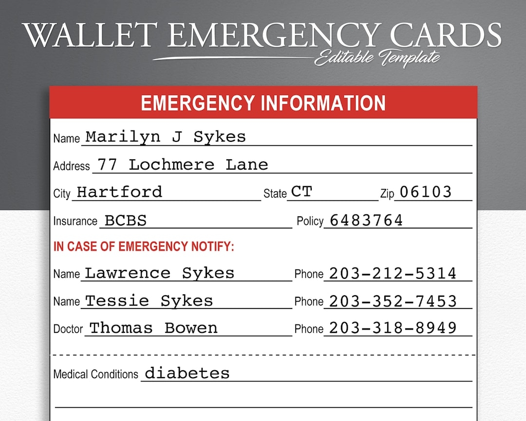 Printable Emergency Information Cards Medical Alert ID Medical Alert Card Medical ID Etsy