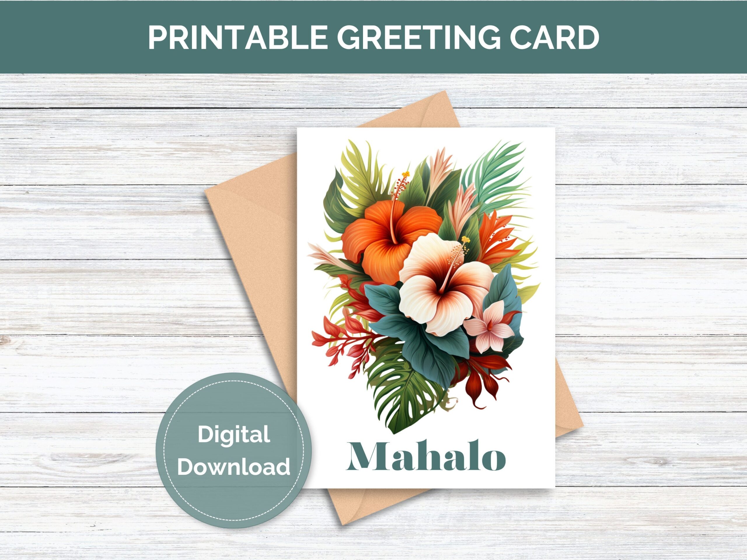 Printable Greeting Card Mahalo Hawaiian Greeting Card Thank You 