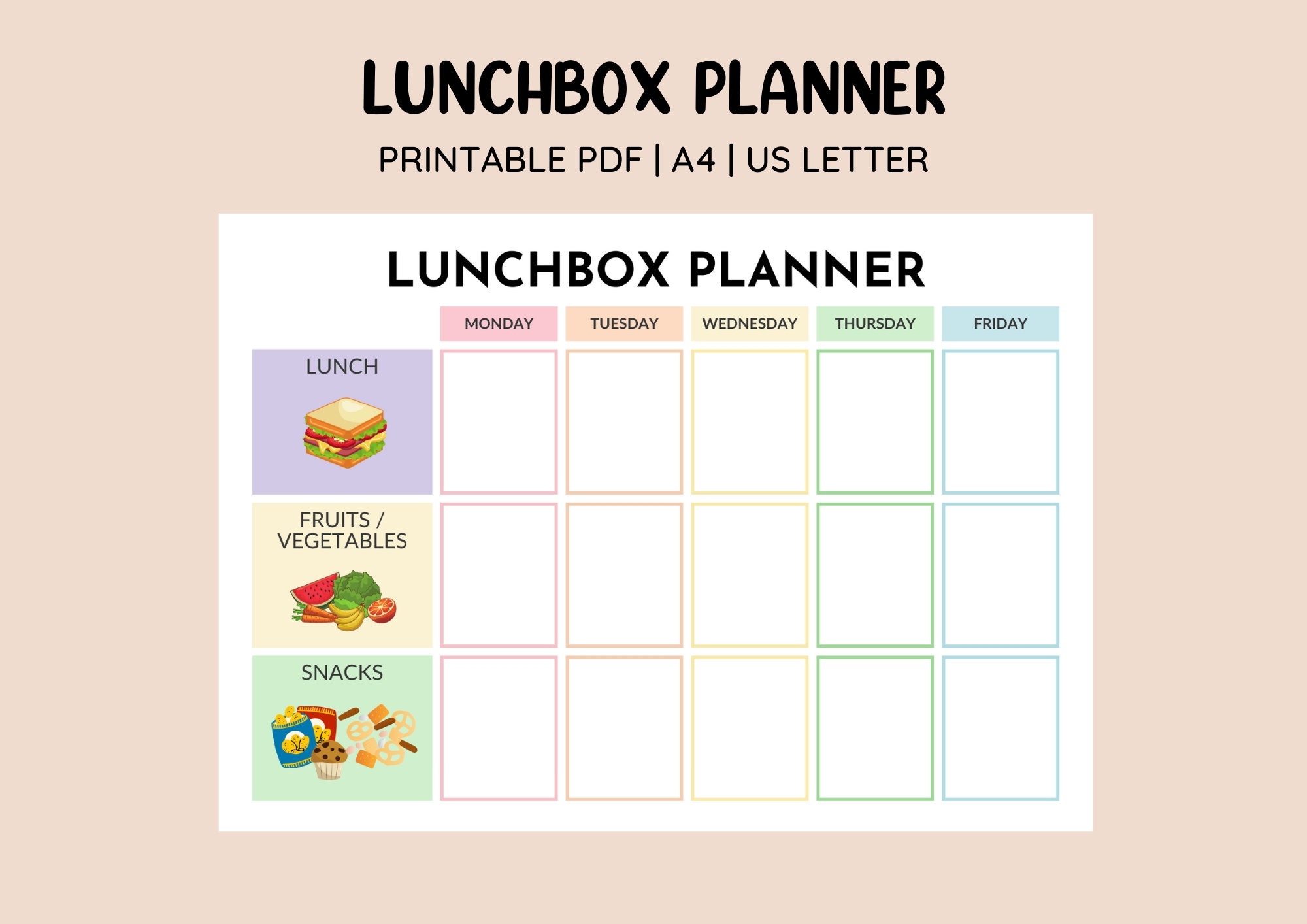 Printable Lunchbox Planner School Lunch Box Planner Packing Kids Lunch Box Lunchbox Idea Lunchbox Planning Back To School Etsy