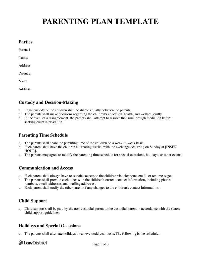 Printable Parenting Plan Template PDF U0026 Word LawDistrict