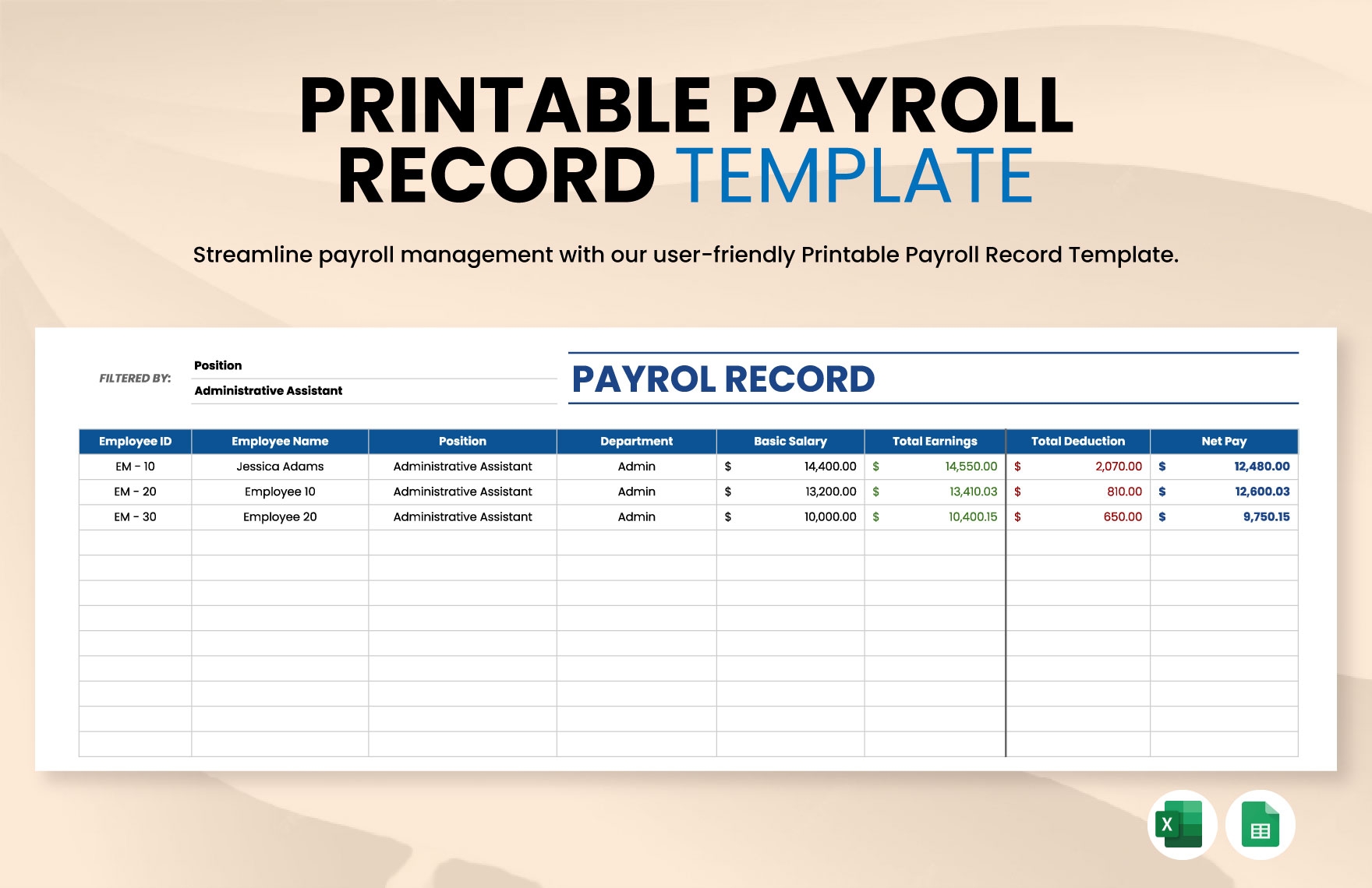 Printable Payroll Record Template In Excel Google Sheets Download Template Printable Payroll Record Template In Excel Google Sheets Download Template