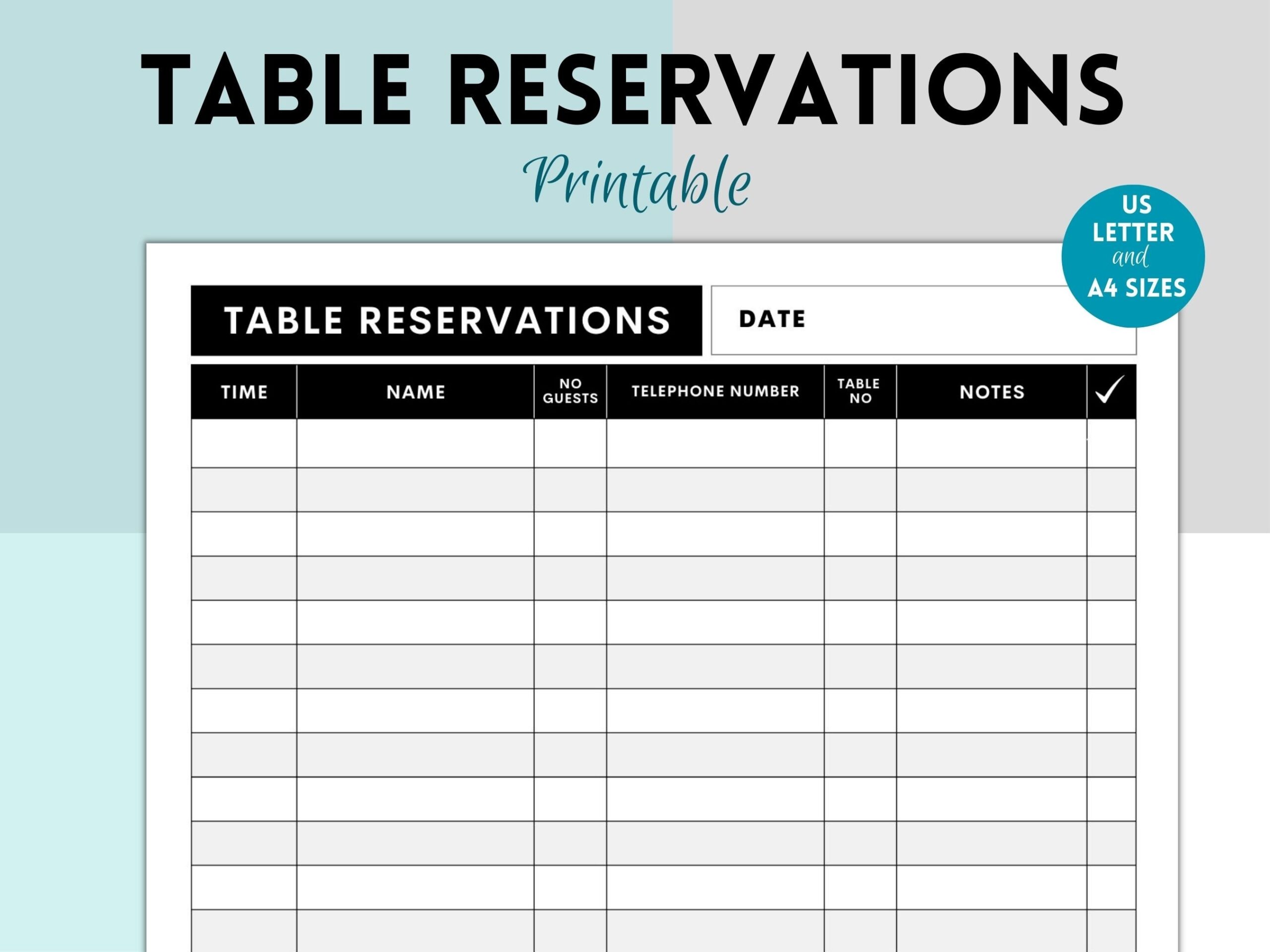 Printable Table Reservation List Restaurant Table Reservation Form Restaurant Reservation Sheet Restaurant Booking Etsy