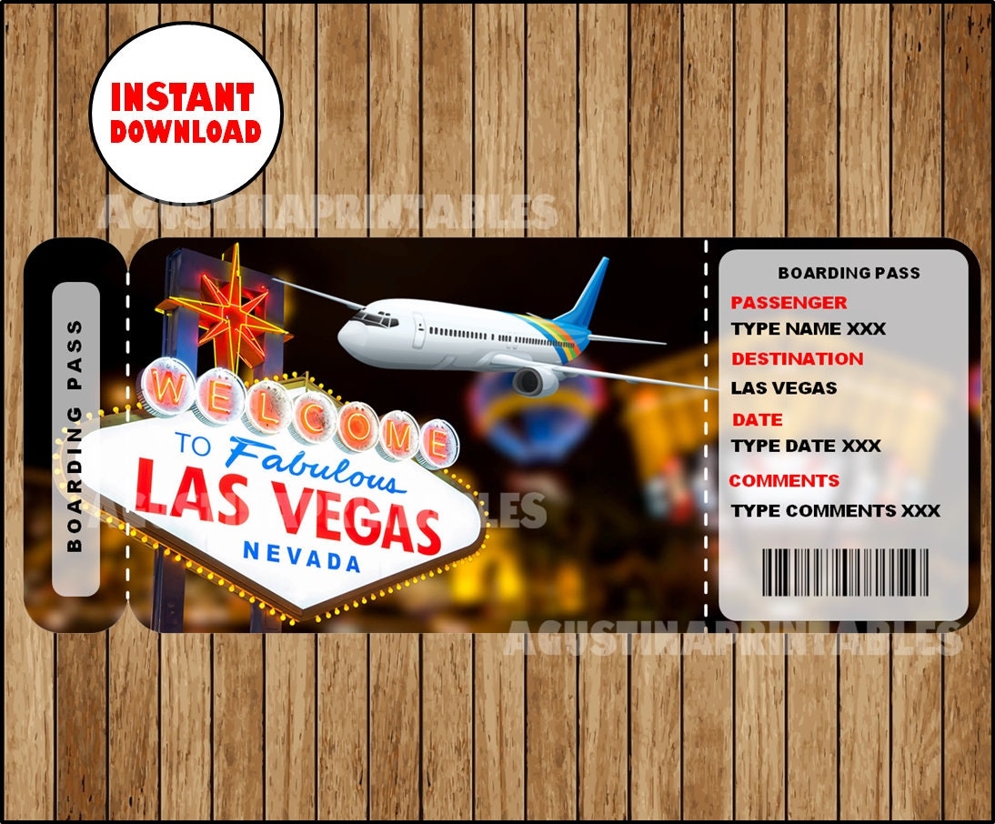 Printable Ticket To Las Vegas Boarding Pass Customizable Template Editable Digital File You Fill And Print INSTANT DOWNLOAD Etsy