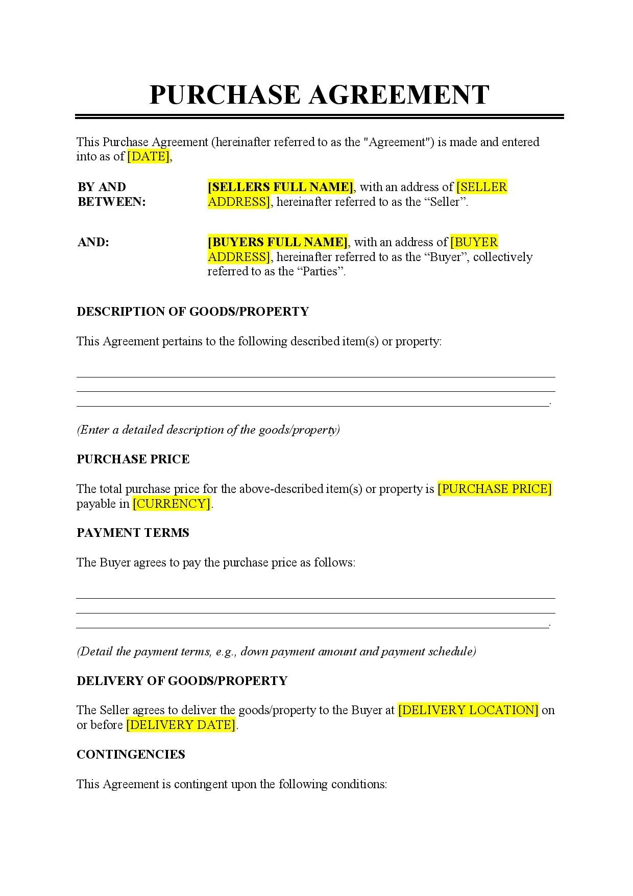 Purchase Agreement Template Free Download Easy Legal Docs Purchase Agreement Template Free Download Easy Legal Docs