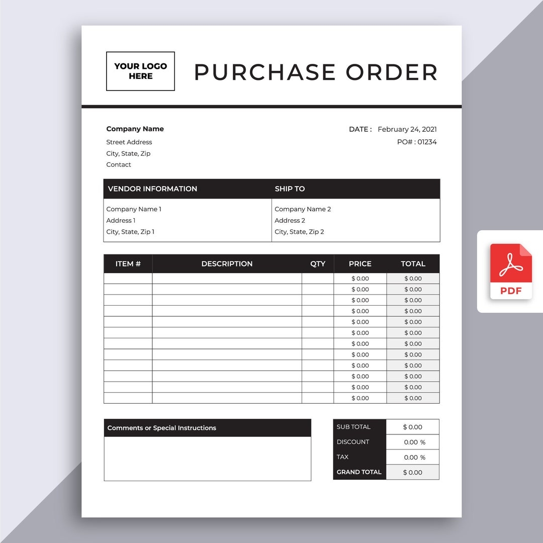 Purchase Order Template Fillable PDF Editable Professional Business Form Order Sheet Digital Form Etsy