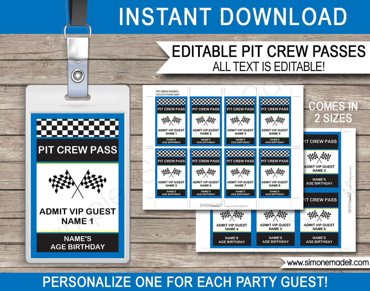 Race Car Birthday Party Pit Crew Passes Template Blue