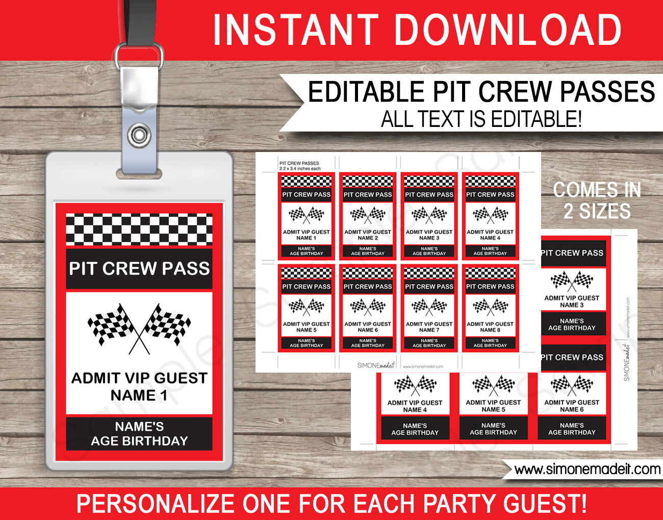 Race Car Party Pit Crew Passes Template Red