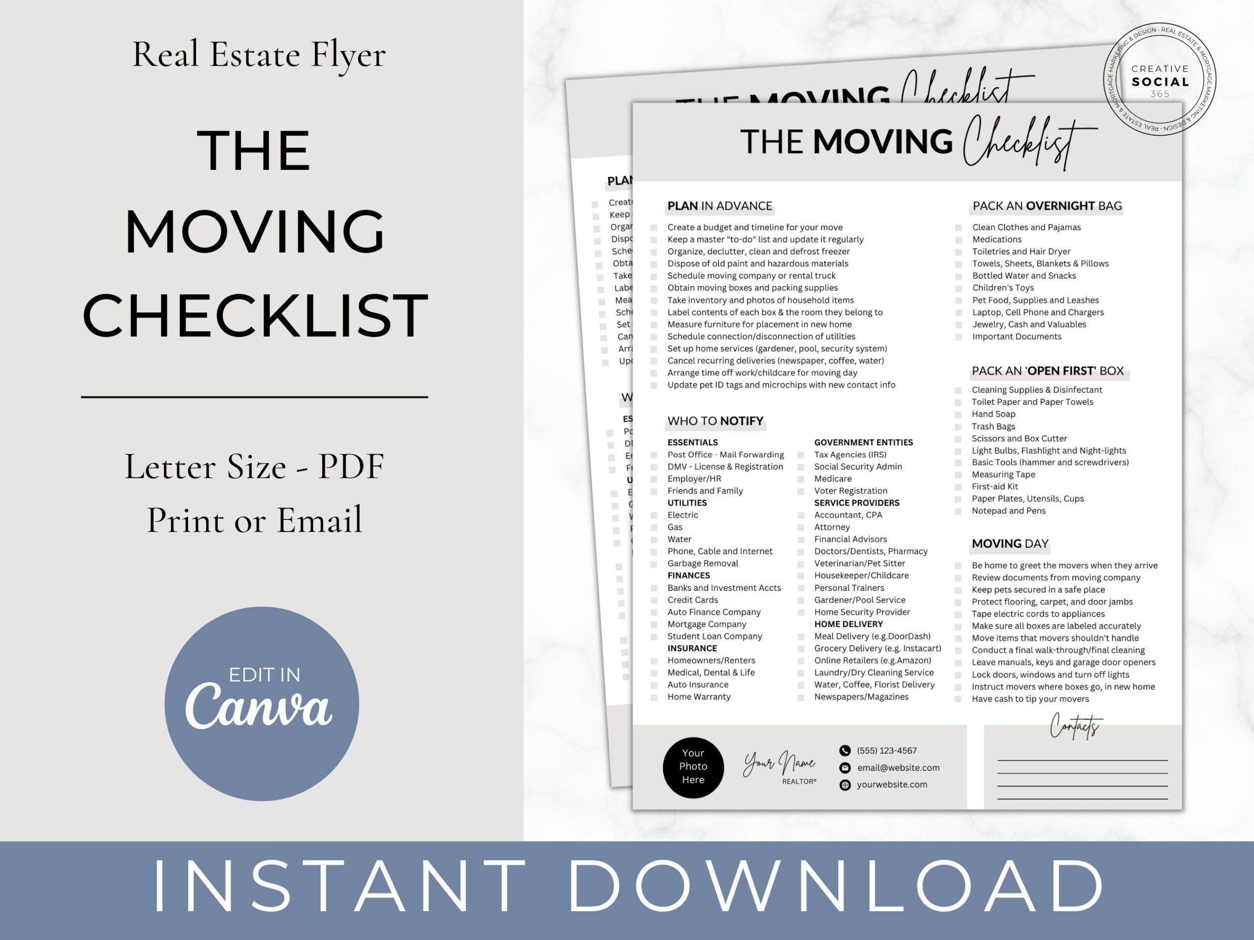 Real Estate Moving Checklist Moving Planner Moving Flyer Realtor Marketing Homebuyers Real Estate Template Printable PDF Canva Etsy
