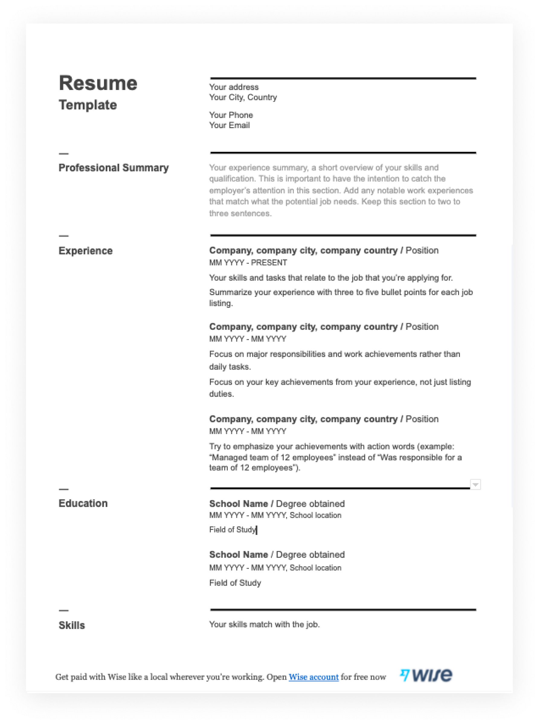 Resume Templates In MS Word Free For Download Wise Resume Templates In MS Word Free For Download Wise