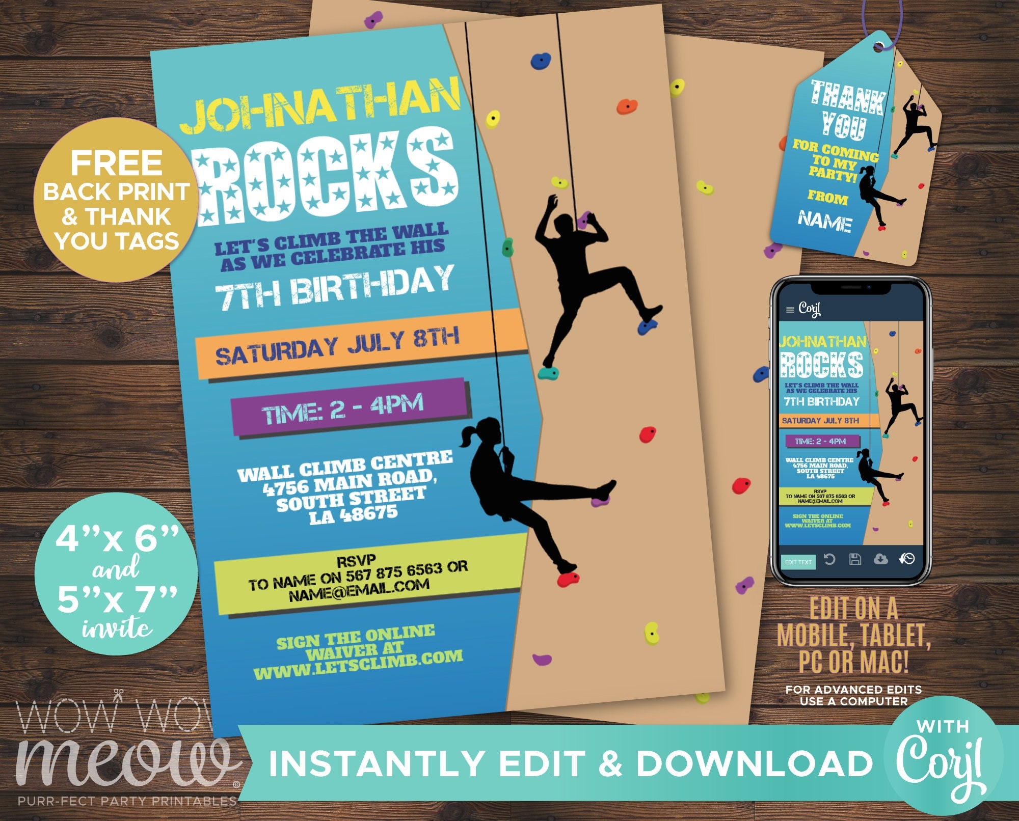 Rock Climbing Invitation Indoor Climbing Wall Invite Birthday Party INSTANT DOWNLOAD Boys Blue Rocks Personalize Customize Printable WCBK044 Etsy