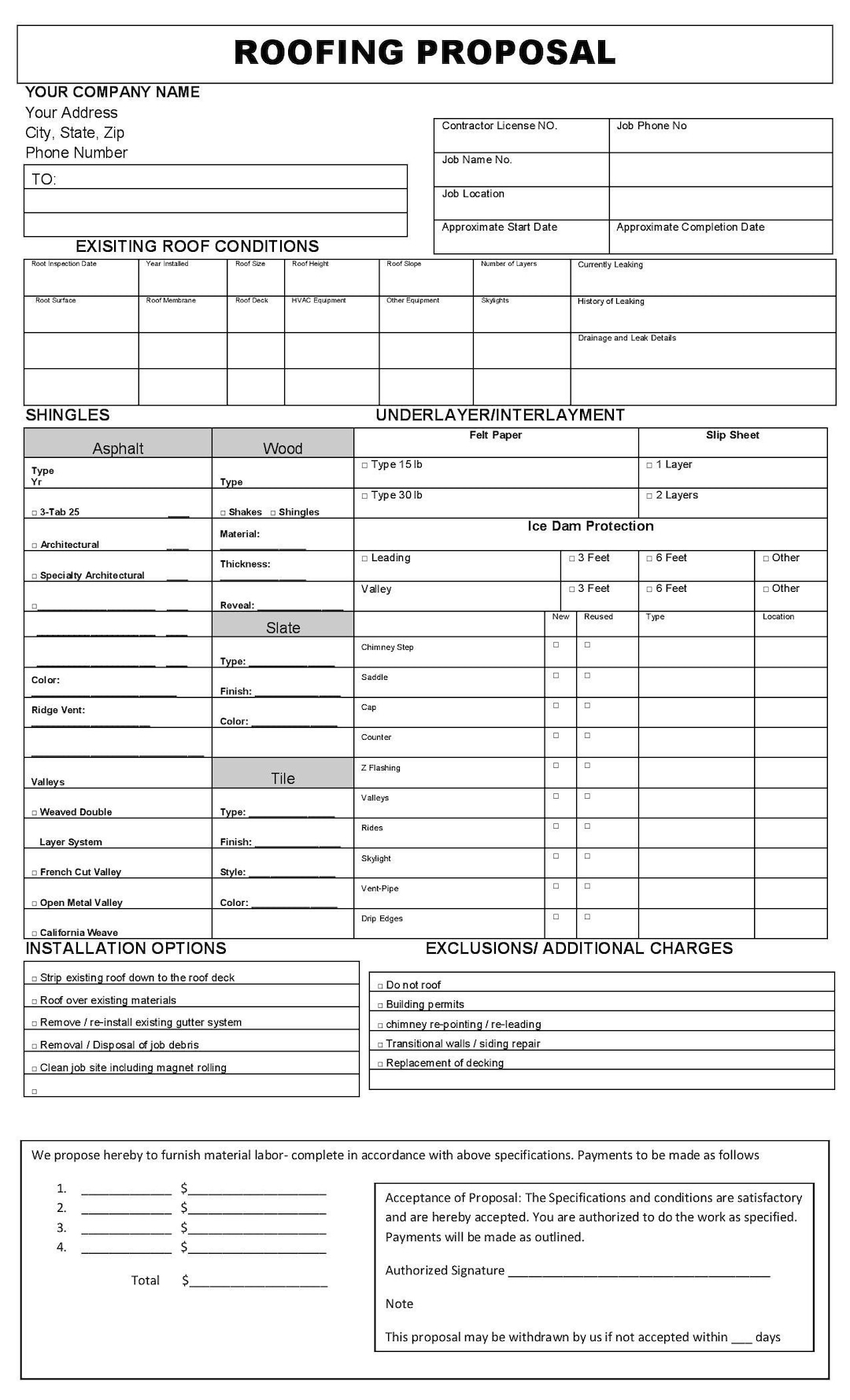 Free Printable Roofing Bid Template