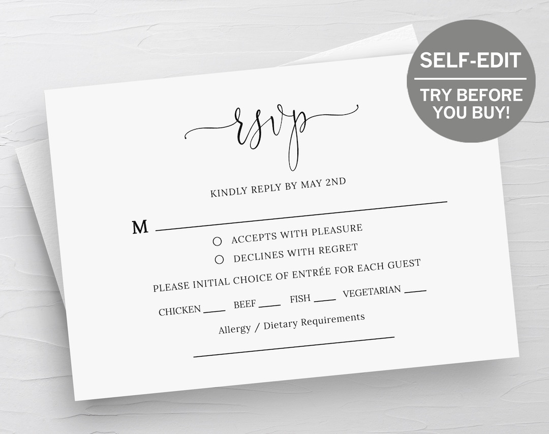 RSVP Card Template Wedding RSVP Cards Response Cards RSVP Template Instant Download Wedding Printable Templett Editable Minimalist Etsy
