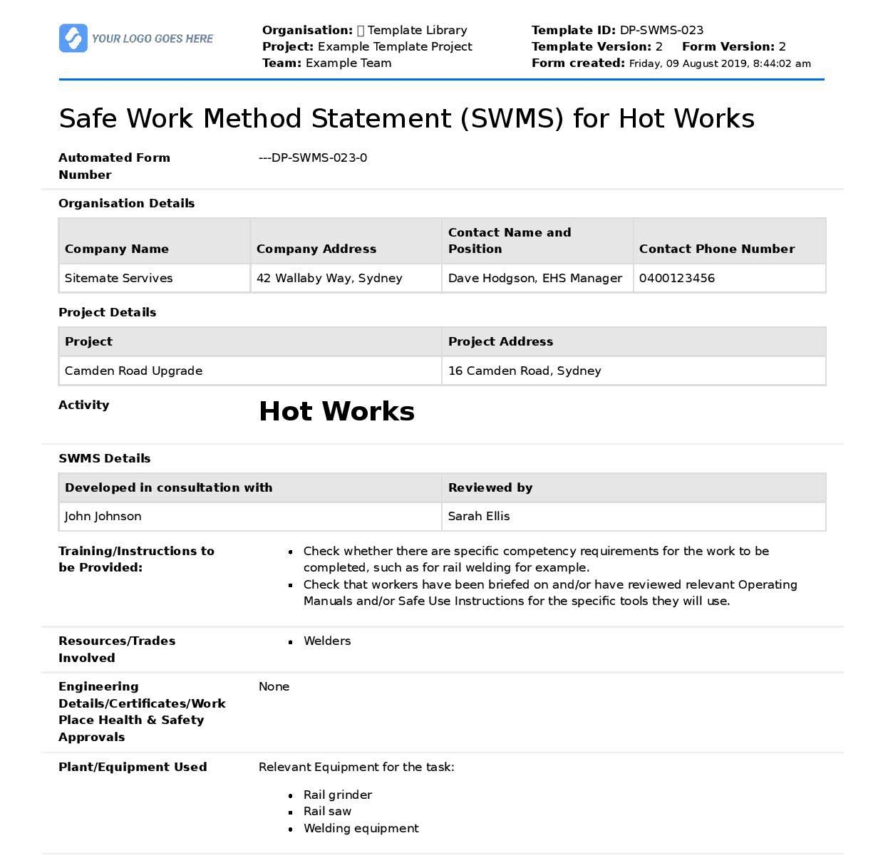 Safe Work Method Statement Template Free SWMS Templates Safe Work Method Statement Template Free SWMS Templates