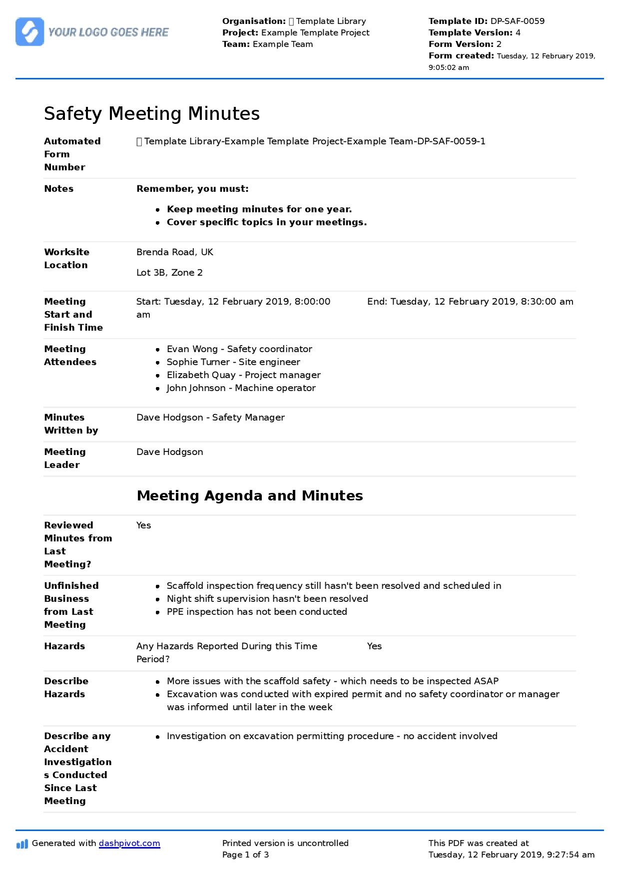 Safety Meeting Minutes Template Smarter Than Word